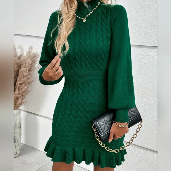 Dresses & Skirts - Knit Lantern Sleeve Ruffle Hem Sweater Dress